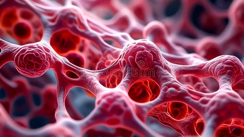 Abstract microscopic view of interconnected biological cells moving with red and pink hues vector illustration