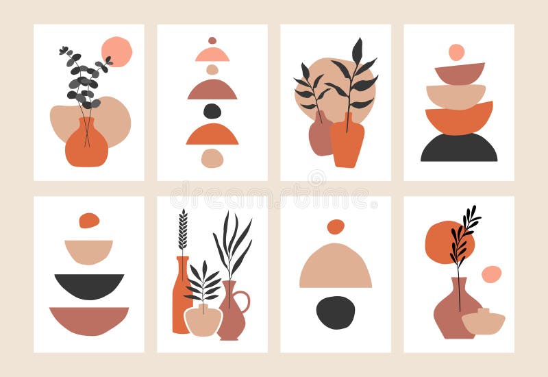 Abstract mid century posters. Contemporary wall art set floral hand drawn organic shapes, boho backgrounds. Vector illustration vector illustration