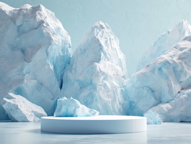 Abstract minimal scene with icebergs and podium, 3d render Generative AI illustration