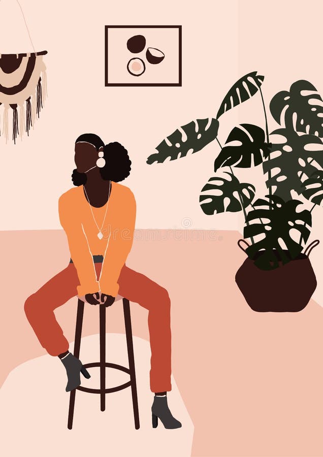Abstract modern african american black woman in fashion trendy clothes sitting on chair in room with monstera pot. Trendy art minimal background poster art print. Vector illustration in flat style