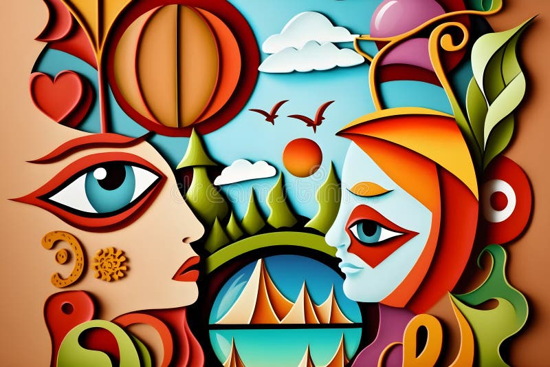 Abstract Modern Art Work with Strange Faces in Picasso Style Stock