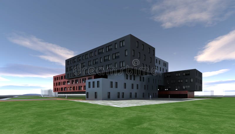 3d illustration of abstract modern building design with blue sky and cloudscape background.