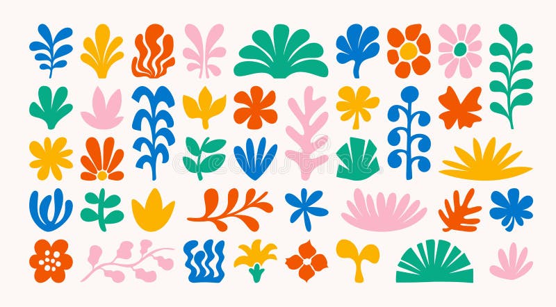 Abstract modern floral elements, flower blooms, stems with leaves, grass bush doodle art design stock illustration