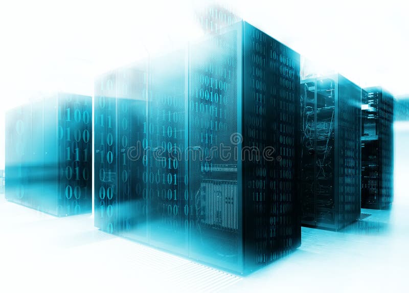 Abstract of modern high tech internet data center room with rows of racks with network and server hardware. stock photos