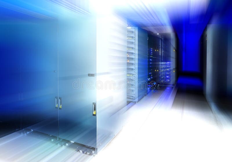 Abstract modern high tech internet data center room with rows of racks with network and server hardware. stock images