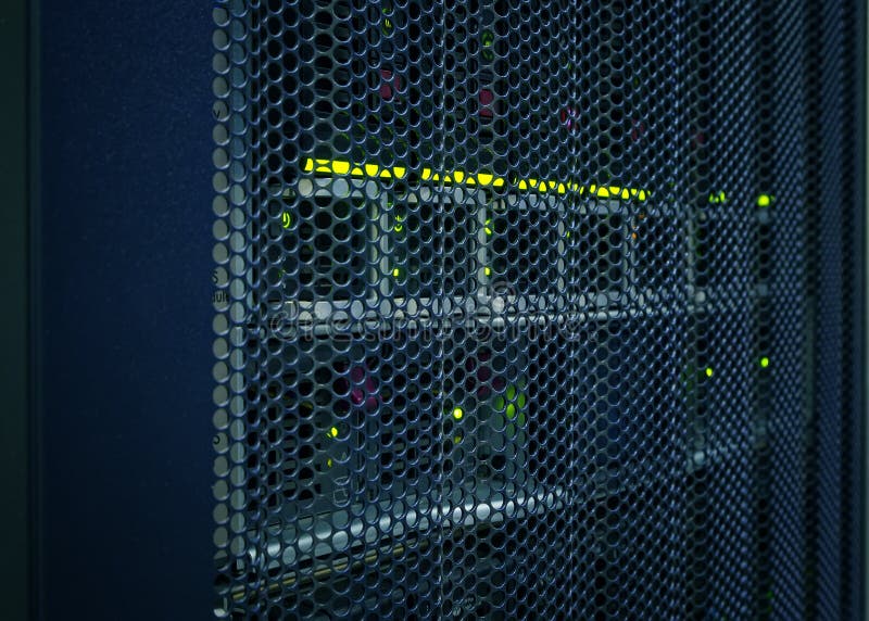 Abstract of modern high tech internet data center room with rows racks network and server hardware. stock photography