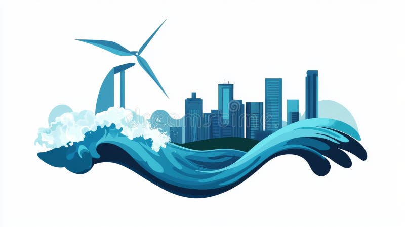 This abstract modern illustration shows a spinning wind turbine and water stock photography