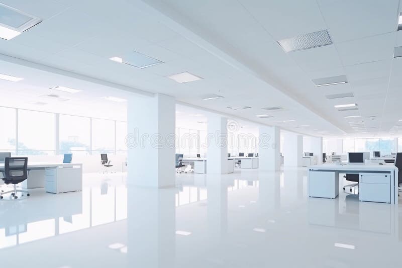 Abstract Modern Open Office Space Interior, Nobody. Contemporary Light Workplace. Generative AI