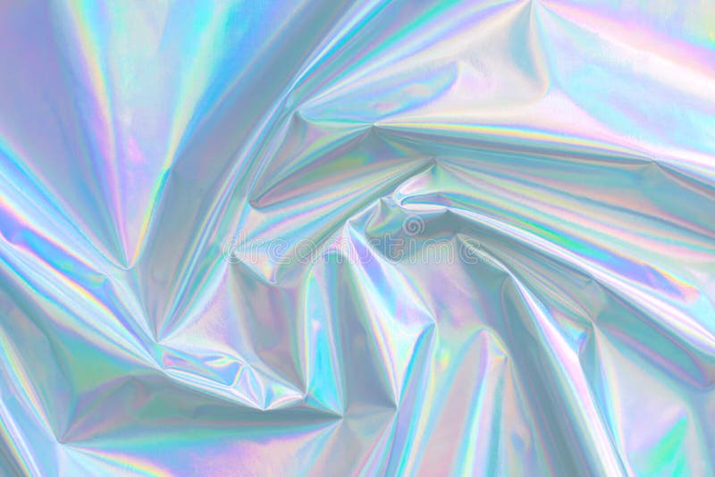 Abstract Modern pastel colored holographic background in 80s style. Crumpled iridescent foil textile real texture. Synthwave. Vaporwave style. Retrowave, retro futurism, webpunk