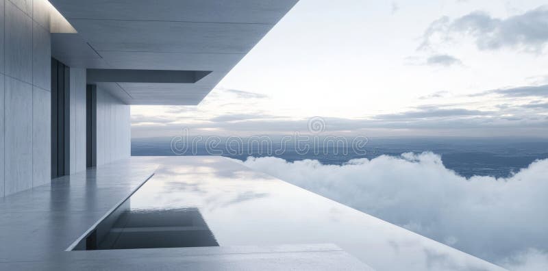 An abstract, modern room with concrete walls, a window at the rear, and a view of cloudy mountains, along with the royalty free stock photos