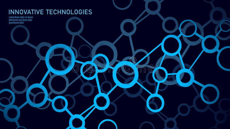 Abstract molecular structure network. Interconnected circular nodes form a complex system. Science, chemistry, and vector illustration