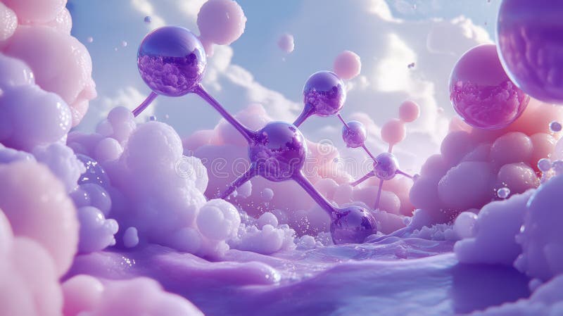 Abstract molecular structure with purple spheres and pink cloudscape immagini stock libere da diritti