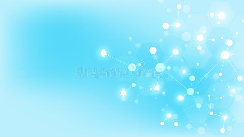 Abstract molecules on soft blue background. Molecular structures or DNA strand, neural network, genetic engineering