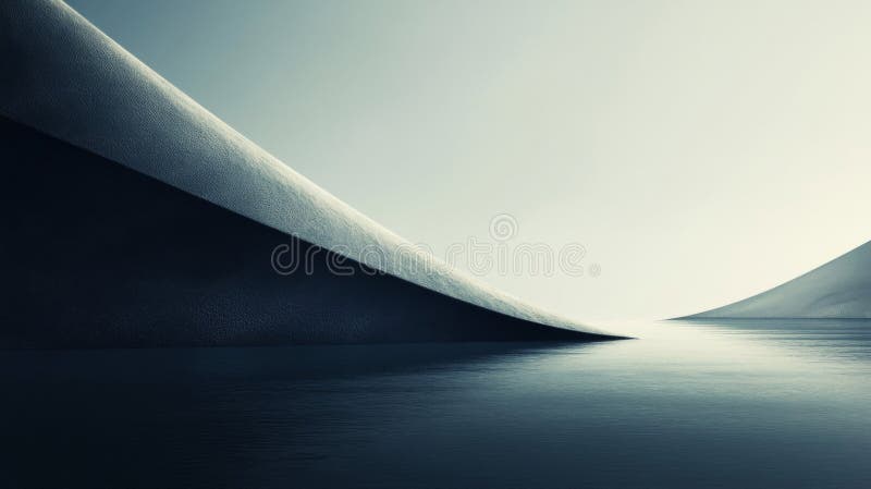 Abstract Monochromatic Landscape with Dark Blue Waves and Grey Mountains stock illustration