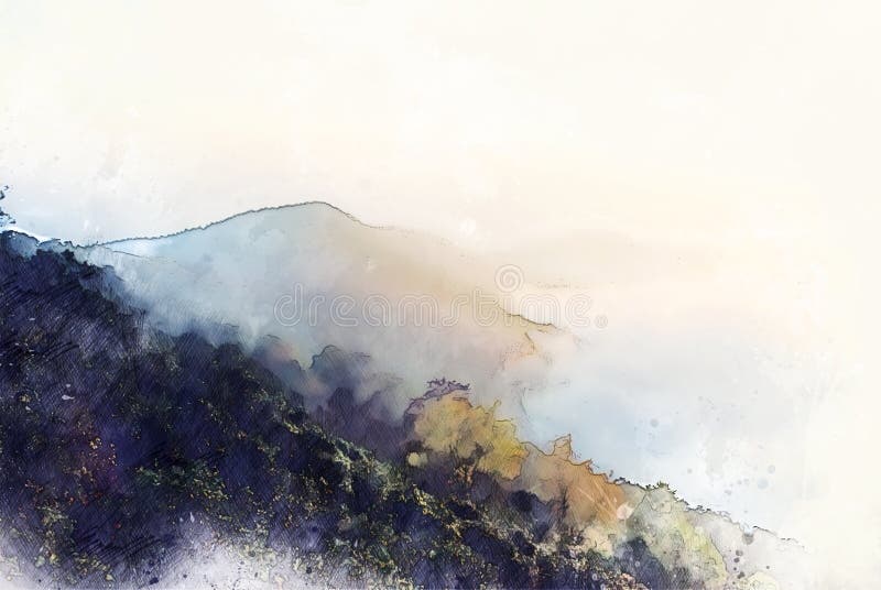 Abstract mountains hill and tree landscape on watercolor illustration painting.