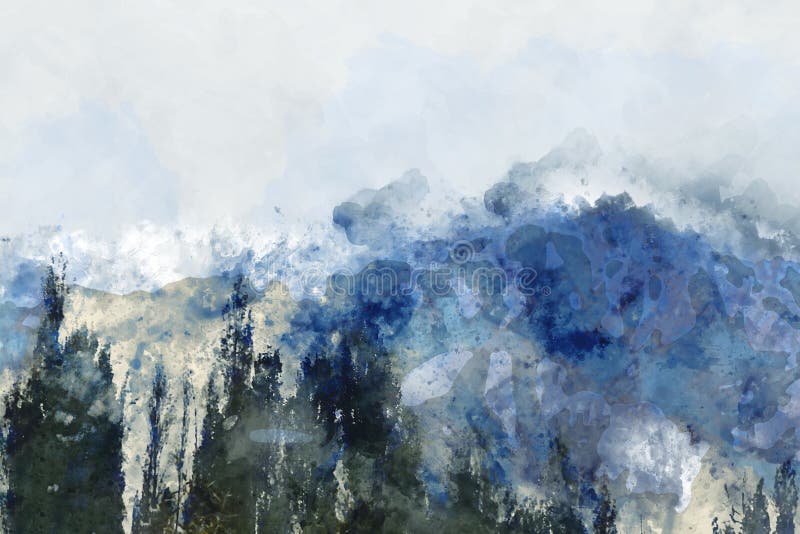 Abstract Mountains Landscape on White Background, Digital Watercolor