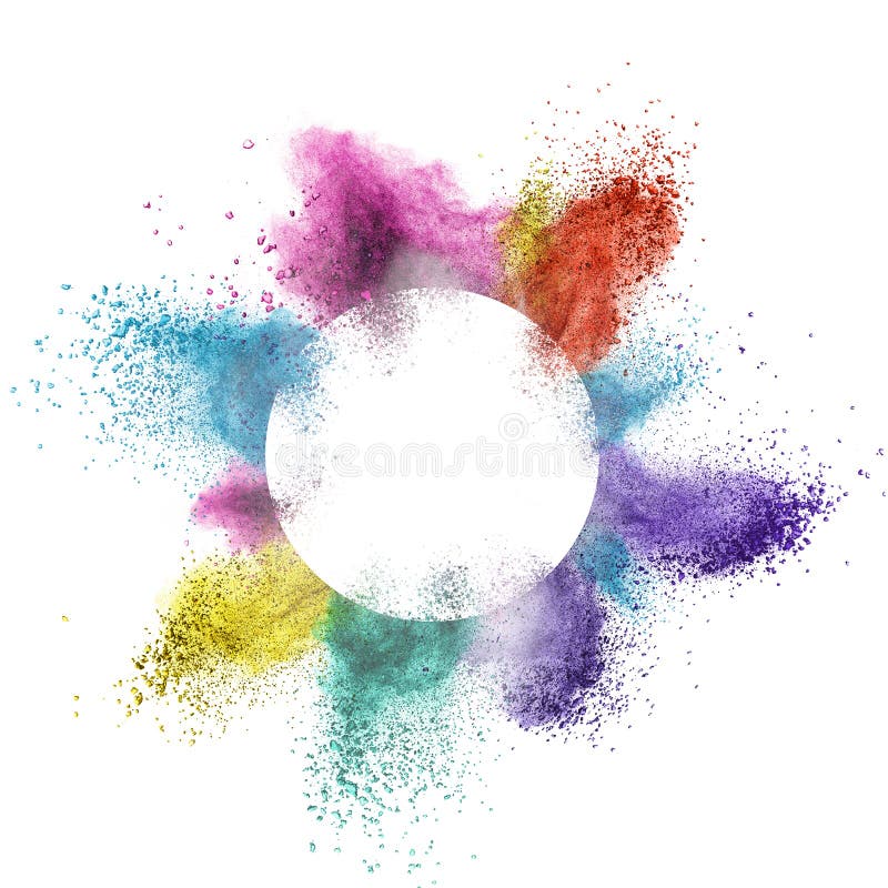 Abstract multicolor powder splatted behind a round frame exploding on white background stock images Abstract multicolor powder splatted behind a round frame exploding on white background stock images