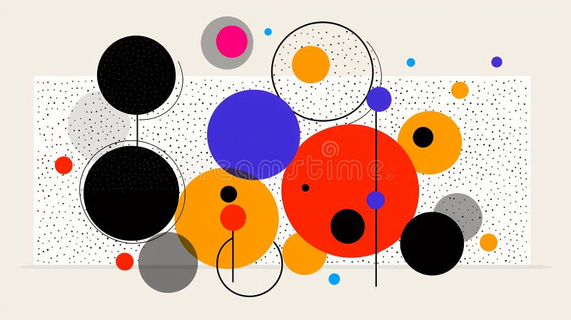 Abstract Multicolored Circles and Geometric Lines on Speckled stock illustration