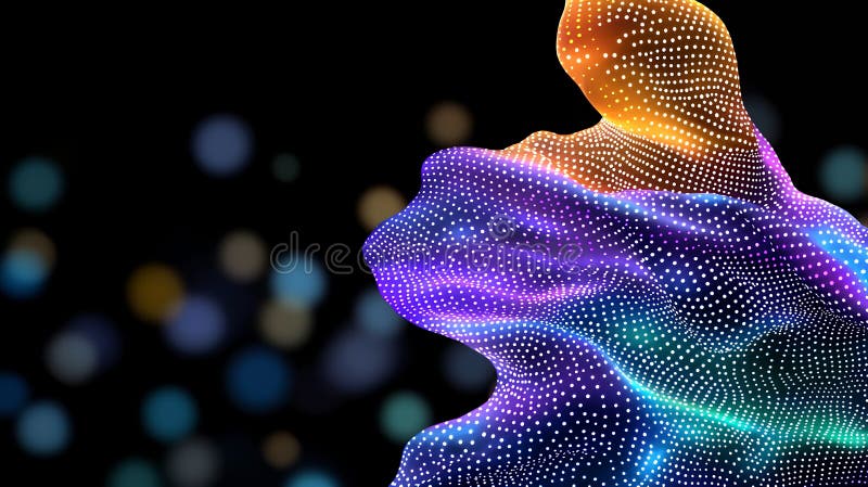 Abstract Multicolored Particle Wave Digital Art. Abstract digital art featuring a vibrant, multicolored, particle based wave form against a dark background with blurred bokeh lights. The wave is predominantly purple, orange, and blue, with white particles creating a luminous effect. The overall mood is dreamy and ethereal, Generative AI