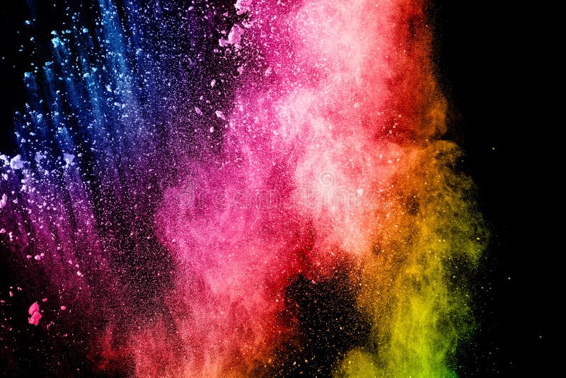 Abstract multicolored powder explosion on black background. Color dust particle splattered on background stock images Abstract multicolored powder explosion on black background. Color dust particle splattered on background stock images