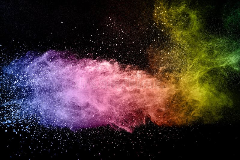 Abstract multicolored powder explosion on black background. Color dust particle splattered on background royalty free stock photo Abstract multicolored powder explosion on black background. Color dust particle splattered on background royalty free stock photo