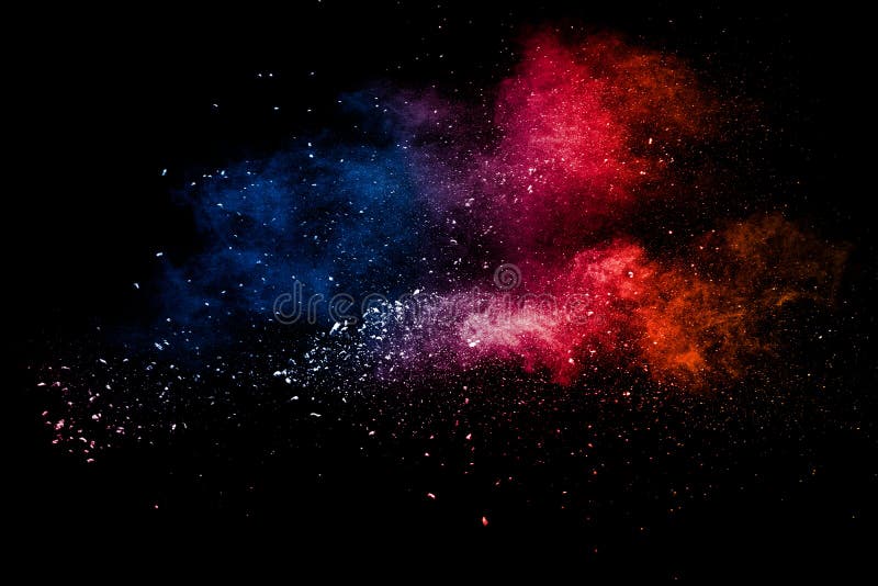 Abstract multicolored powder explosion on black background.Red blue dust particles splatter on background royalty free stock image Abstract multicolored powder explosion on black background.Red blue dust particles splatter on background royalty free stock image
