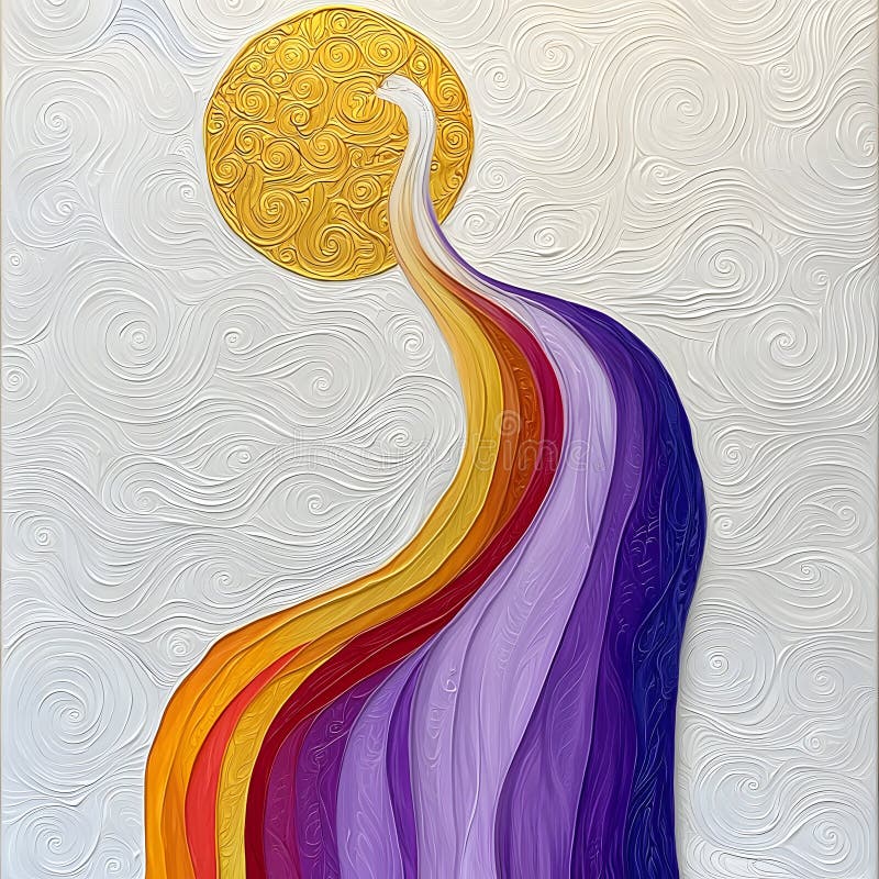 Abstract Multicolored Ribbon Flowing Towards a Golden Sun on Textured Gray stock illustration