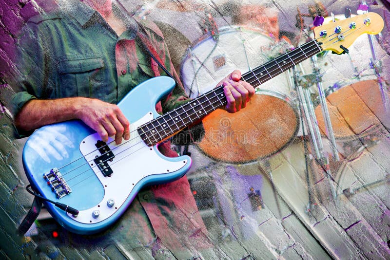 A collage of texture and colour at a rock concert with bassist and drummer in the foreground. A collage of texture and colour at a rock concert with bassist and drummer in the foreground.