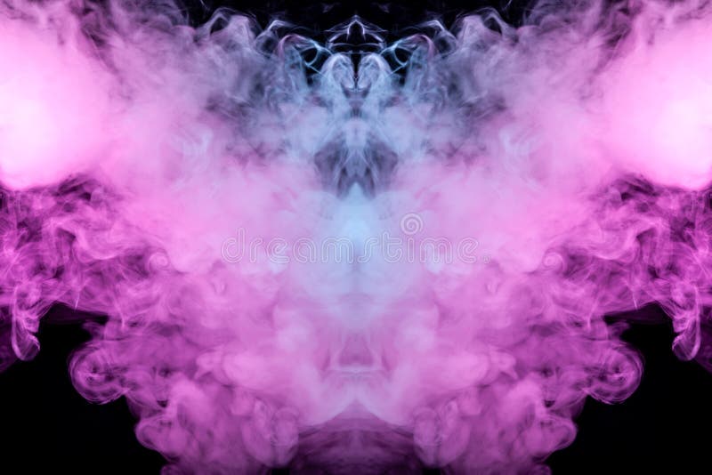 Abstract mystical bat silhouette straightened wings and head from streams of colorful smoke evaporating from a vape illuminated by neon lights on a black background for print on t-shirt