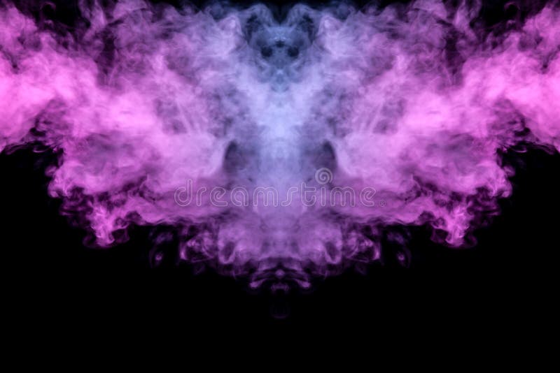 Abstract mystical bat silhouette straightened wings from streams of colorful smoke evaporating from a vape illuminated by neon lights for T-shirt