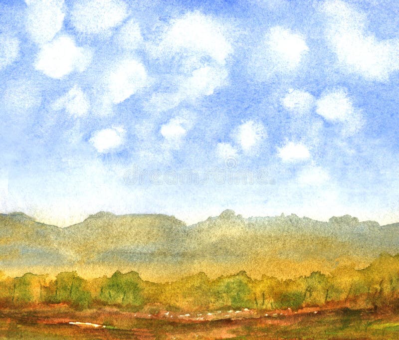 Nature Background with Fluffy Clouds and Field. Hand Drawn Watercolor  Painting Stock Illustration - Illustration of field, cloud: 190363948