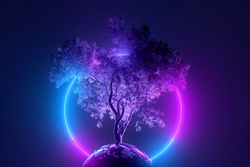Abstract neon background, mystical cosmic tree sprouting through a round planet in the light of a neon glowing round frame, pink