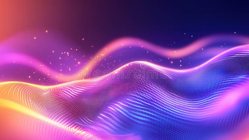 Abstract neon digital wave dynamic with glowing particles creating a futuristic and background visual effect stock image