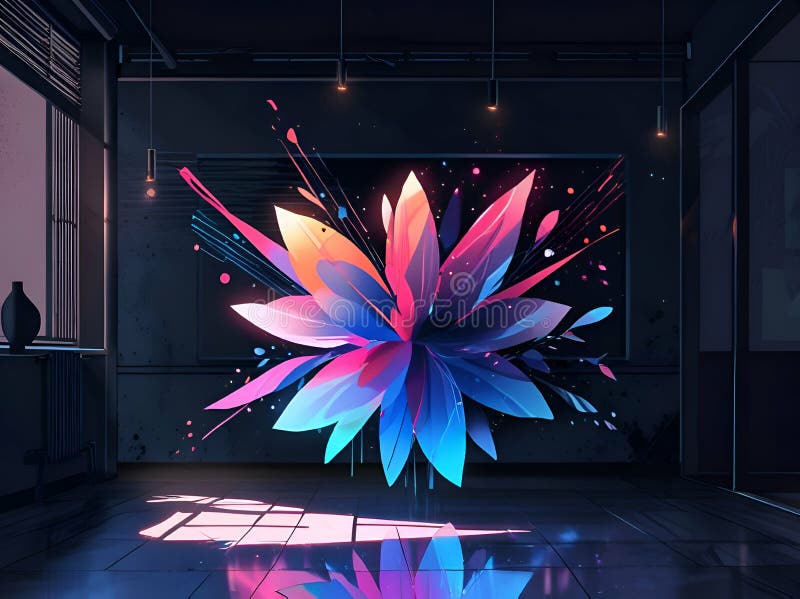 Abstract neon flower in the dark room royalty free illustration