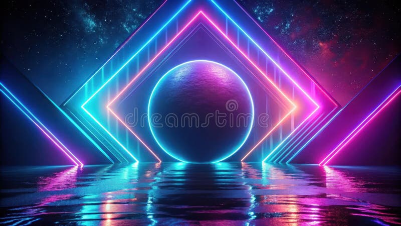 Abstract neon glowing lines frame a reflective sphere on a dark, starry background. Generative AI vector illustration