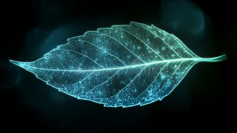 Abstract neon green leaf outline glowing softly in a dark background environment royalty free stock photography