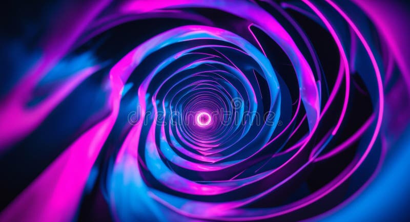 Abstract Neon Helix Tunnel with Glowing Light at the End, Cyberpunk Aesthetics. stock image