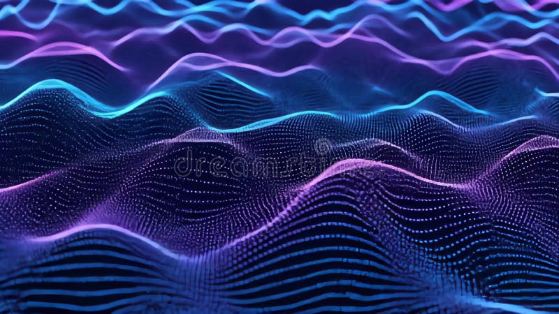 Abstract Neon Landscape with Particle Waves, Futuristic Background Visual Design stock illustration