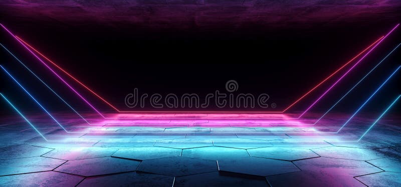 Abstract Neon Sci Fi Laser Led Pink Blue Purple Glowing Futuristic Lines In Dark Empty Grunge Concrete Hexagonal Floor Room Empty vector illustration