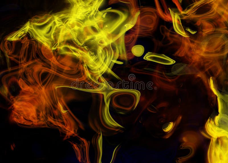 Abstract neon smoke swirls in yellow orange and red on black background