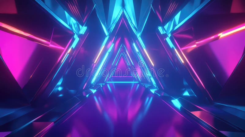 Abstract neon triangle tunnel with glowing reflections vector illustration