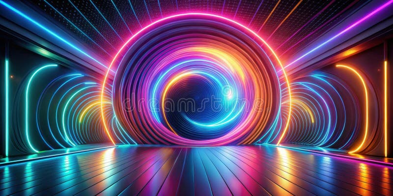Abstract neon vortex psychedelic Circular light show in the dark room. Generacyjna AI ilustracji