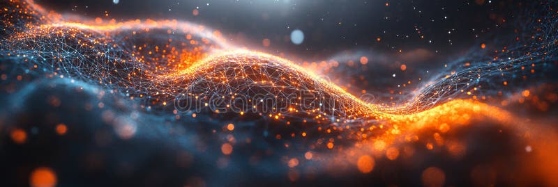 Abstract Network Background. Orange And Blue Glowing Network Mesh On Dark Background. 3D vector illustration