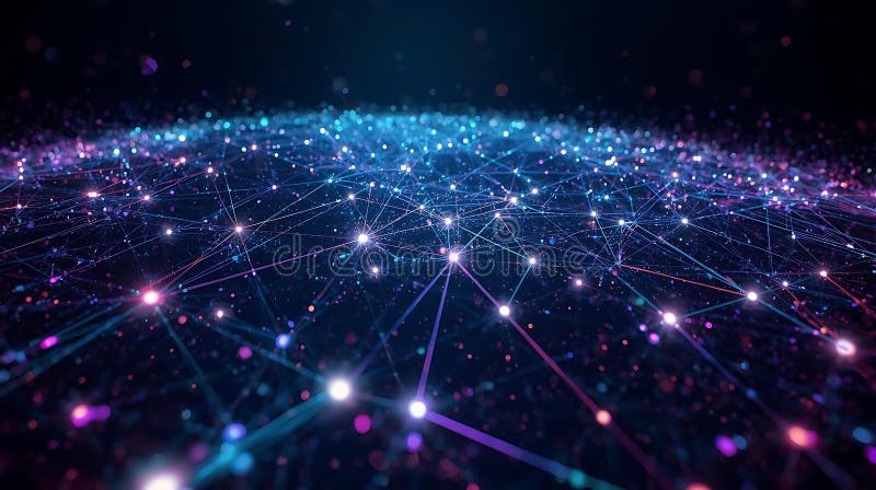 This abstract digital visualization depicts a complex network of interconnected nodes and lines, rendered in vibrant shades of blue, purple, and pink. The glowing points represent data points or connections, while the lines illustrate the flow of information or relationships. The dark background emphasizes the luminous network, creating a sense of depth and technological sophistication. This imagery is ideal for representing concepts like big data, artificial intelligence, global connectivity, digital transformation, and scientific research. Blockchain network analysis stock images, royalty-free photos and pictures