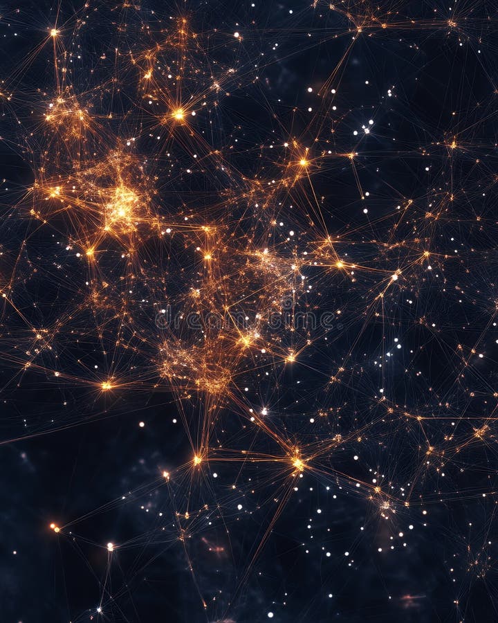 Abstract Network Connections Golden Nodes and Lines Dark Background Digital Art Technology royalty free illustration