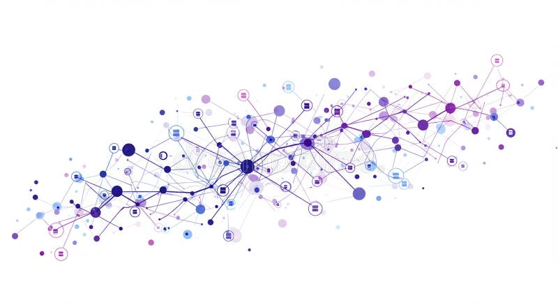 An abstract network diagram consisting of interconnected nodes and lines. Circular royalty free illustration