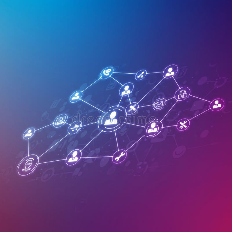 Abstract network diagram featuring interconnected nodes with icons representing royalty free illustration