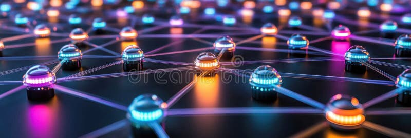 Abstract Network Digital Nodes Global Connection Technology Data 3d iot web blue dark link grid. Generative AI