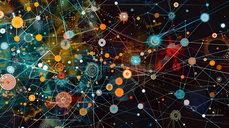 Abstract Network, Exploring Interconnected Circles, Nodes, and Lines in a Vivid, Colorful Visualization A Dynamic royalty free stock images