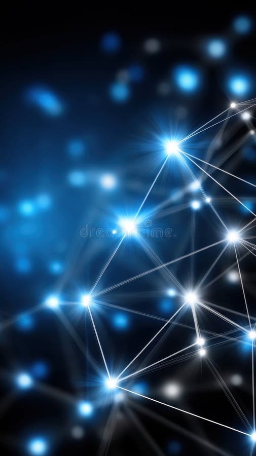 Abstract network with glowing nodes and connecting lines creating a digital plexus structure in a blue and black space royalty free illustration